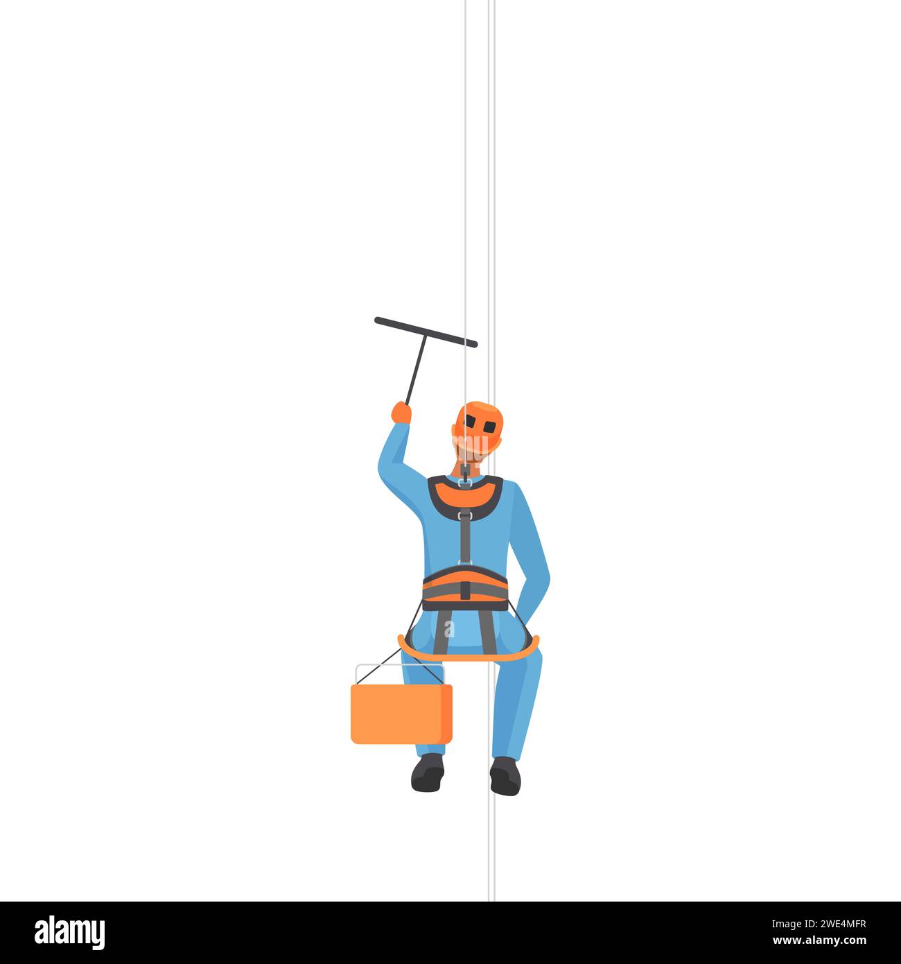 Industrial alpinist hanging on harness ropes with squeegee, man cleaning facade vector illustration Stock Vector