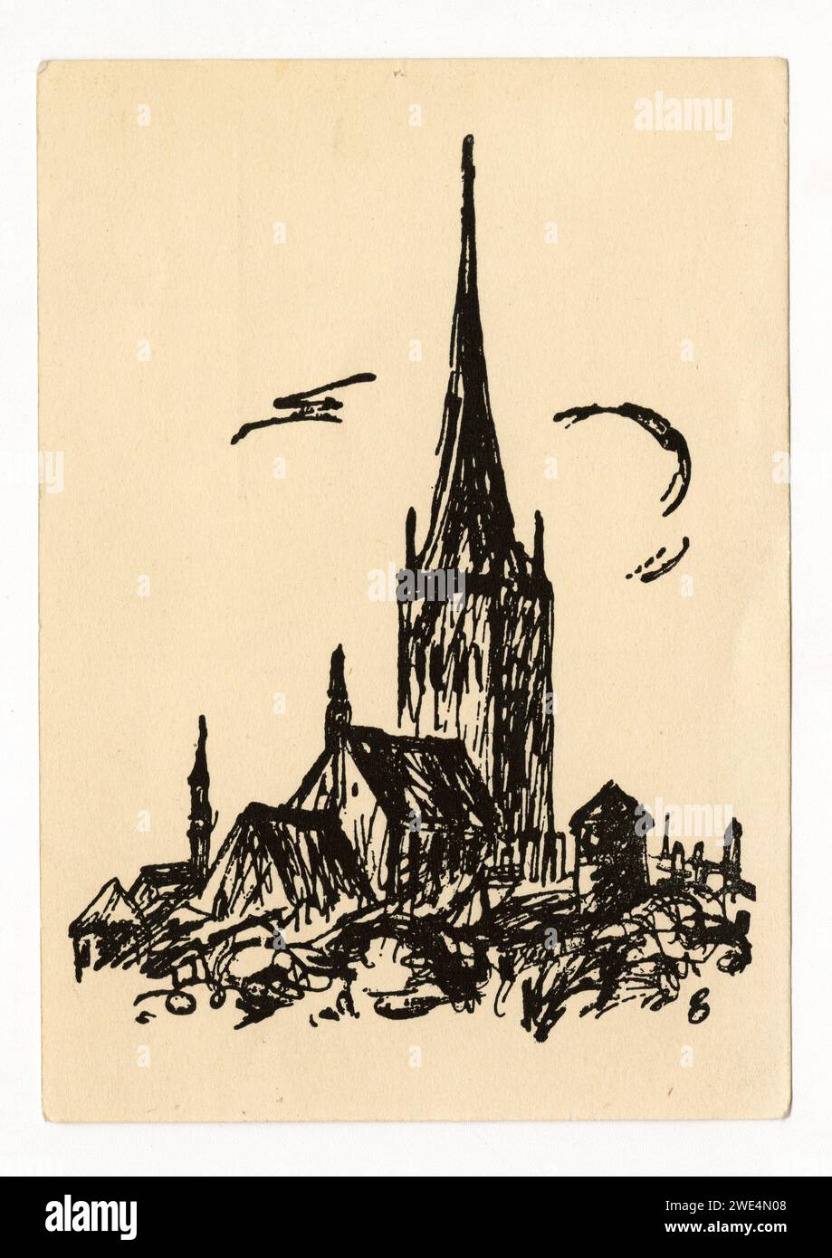 1940s postcard: Agaate Veeber drawing of St Olav's Church, Tallinn, Estonia. Stock Photo
