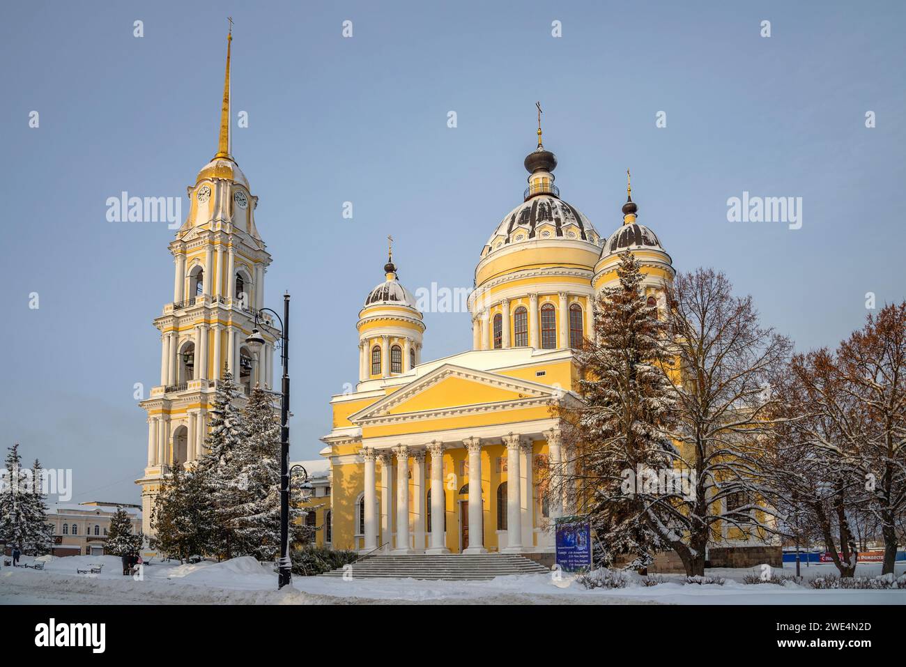 RYBINSK, RUSSIA - JANUARY 01, 2024: The ancient Transfiguration Cathedral with a bell tower. Rybinsk, Yaroslavl region, Russia Stock Photo