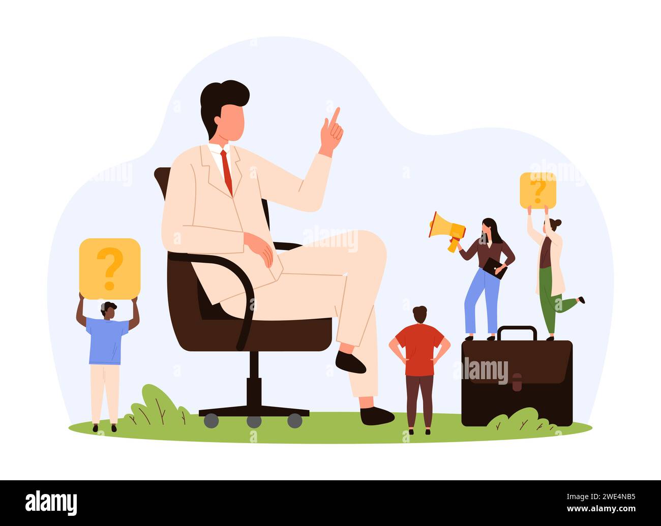 Selfish, arrogant behavior of boss in communication with employees. Big businessman sitting in chair in front of tiny people holding megaphone and signs with question marks cartoon vector illustration Stock Vector