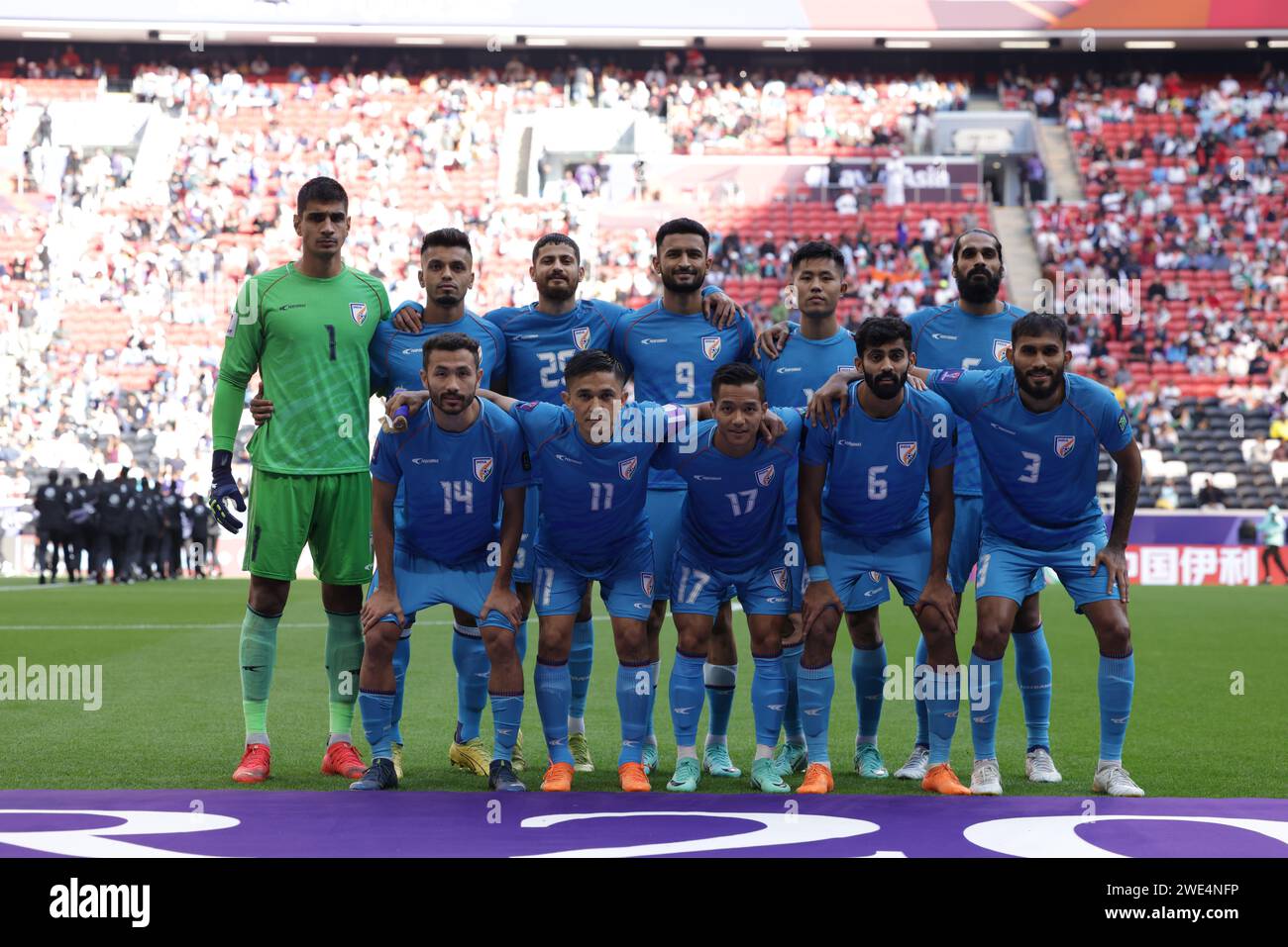 AL KHOR, QATAR - JANUARY 23: Players of India pose for a team photograph from left: Gurpreet Singh Sandhu, Rahul Bheke, Deepak Tangri, Manvir Singh, L Stock Photo