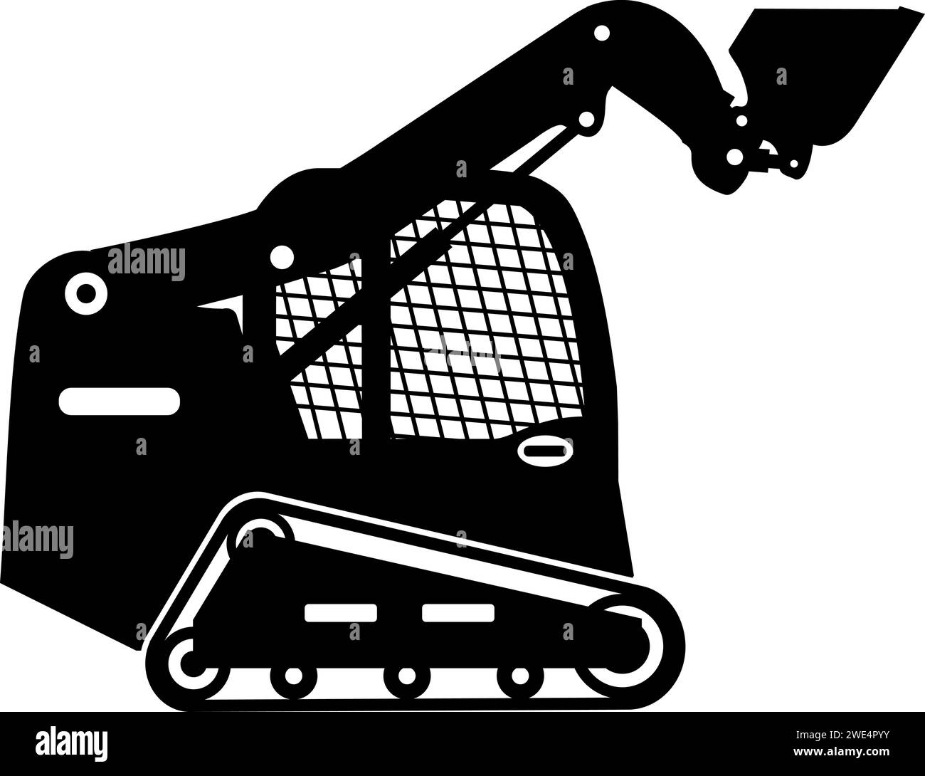 Silhouette of Skid Steer Loader with Bucket and Track Icon in Flat Style. Vector Illustration Stock Vector