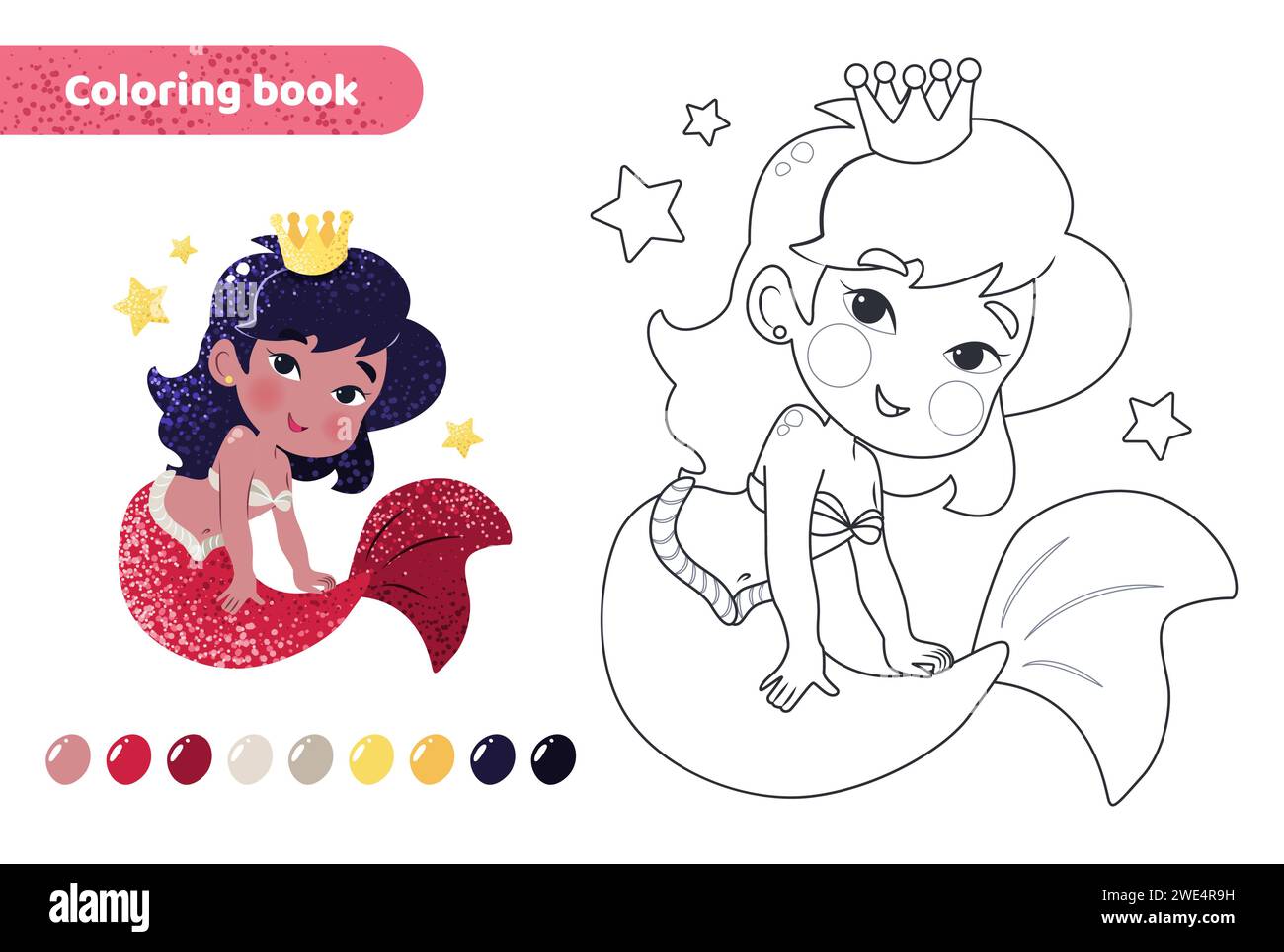 Coloring book for kids. Cute mermaid with crown. Stock Vector