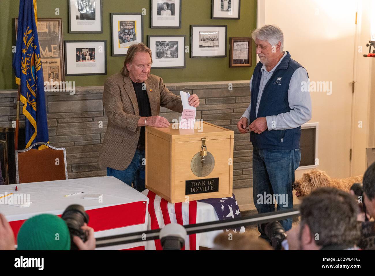 Dixville Notch, USA. 23rd Jan, 2025. A voter casts his ballot during