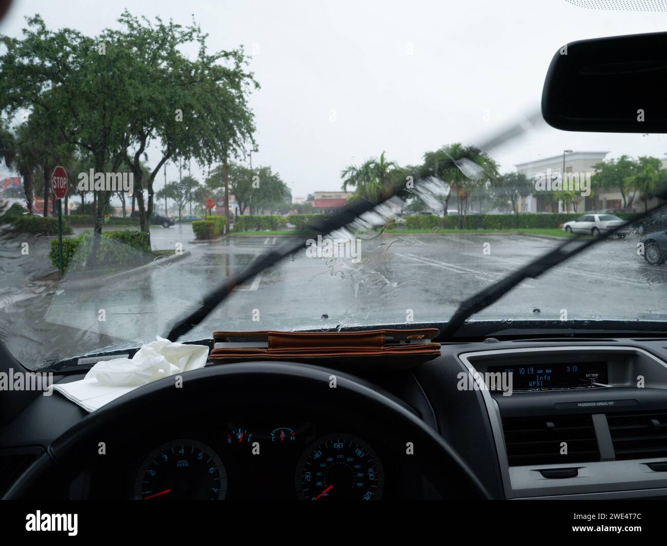 Heavy rain seen through the windscreen of a car on a highway in Miami ...