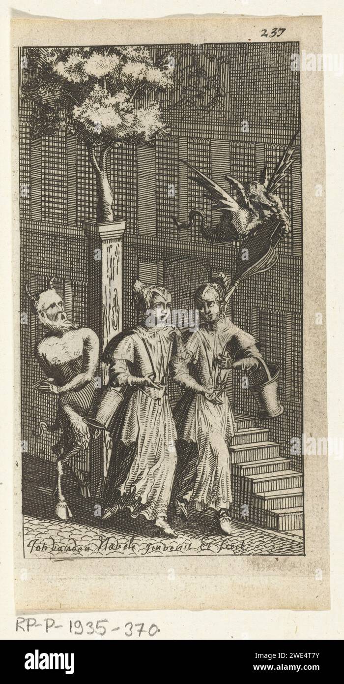 De Klap Duivel, Johannes Jacobsz van den Aveele, 1682 print Two maids walk through a street and valves with each other. A devil runs behind them. A flying devil blows into the ear of one girl via a bladder ballg. Amsterdam paper etching Christian religion (+ devil(s)). maid  house personnel Stock Photo