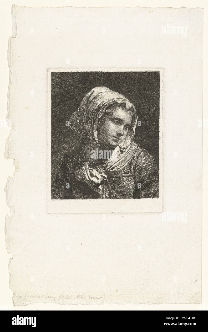 Girl with Headscarf, Jean -Baptiste Greuze, 1735 - 1805 print Bust of a girl with a scarf and headscarf on. France paper etching adolescent, young woman, maiden Stock Photo