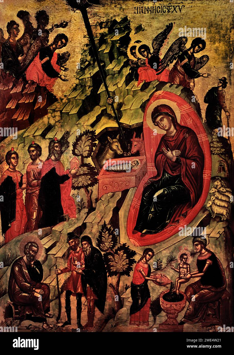 The Nativity 17th Century ( influence of Italian art Cretan Workshop, Benaki Museum Athens Greece. ( Adoration, Magi, Adoration of the Kings , Nativity of Jesus, Three Magi, represented as kings, found Jesus by following a star, lay before him gifts of gold, frankincense, and myrrh, and worship him,  ) Stock Photo