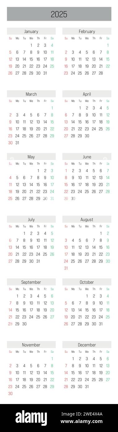 Monthly Calendar Of Year 2025 Week Starts On Sunday Block Of Months Monthly Calendar Of Year 2025 Week Starts On Sunday Block Of Months In Two Columns Vertical Arrangement Simple Thin Minimalist Design Vector Illustration 2WE4X4A