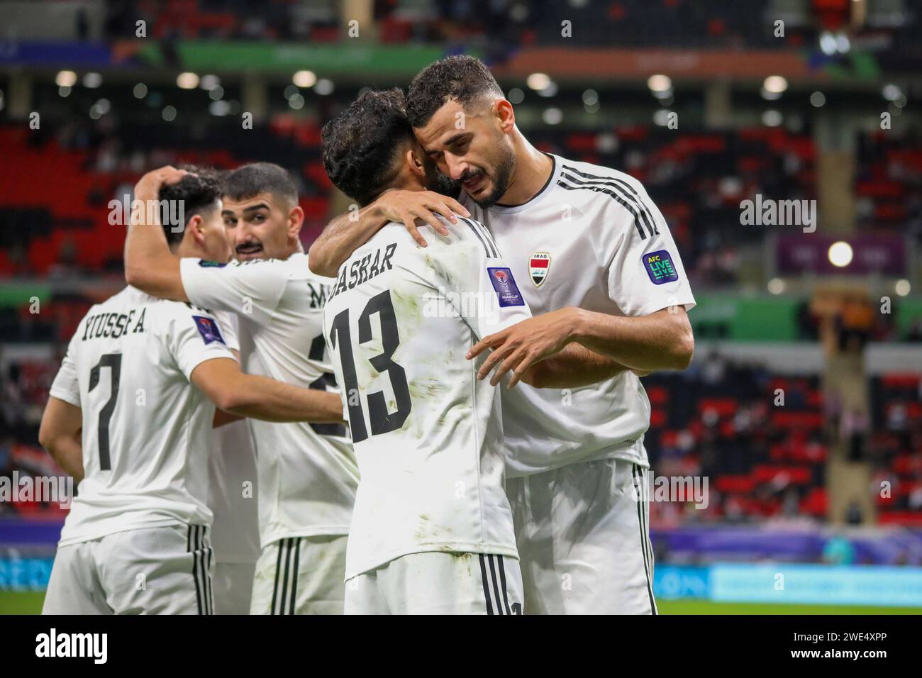 Al Rayyan, Qatar. 15th Jan, 2024. Aymen Hussein of Iraq celebrates his goal 1-3 with Bashar Resan during the AFC Asian Cup Qatar 2023, Group D football match between Indonesia and Iraq on January 15, 2024 at Ahmed Bin Ali Stadium in Al Rayyan, Qatar - Photo Najeeb Almahboobi/TheMiddleFrame/DPPI Credit: DPPI Media/Alamy Live News Stock Photo