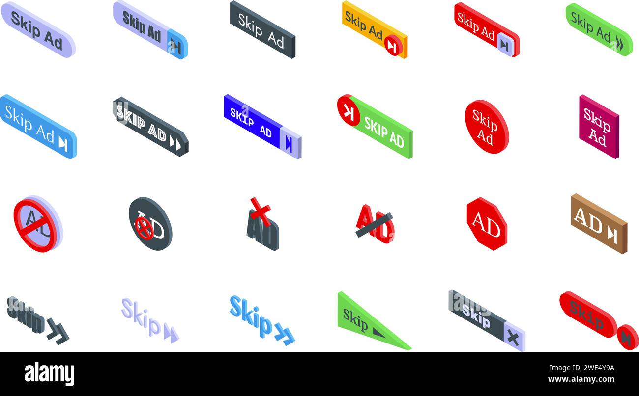 Skip ad icons set isometric vector. Cursor apply stop. Refusal join not Stock Vector