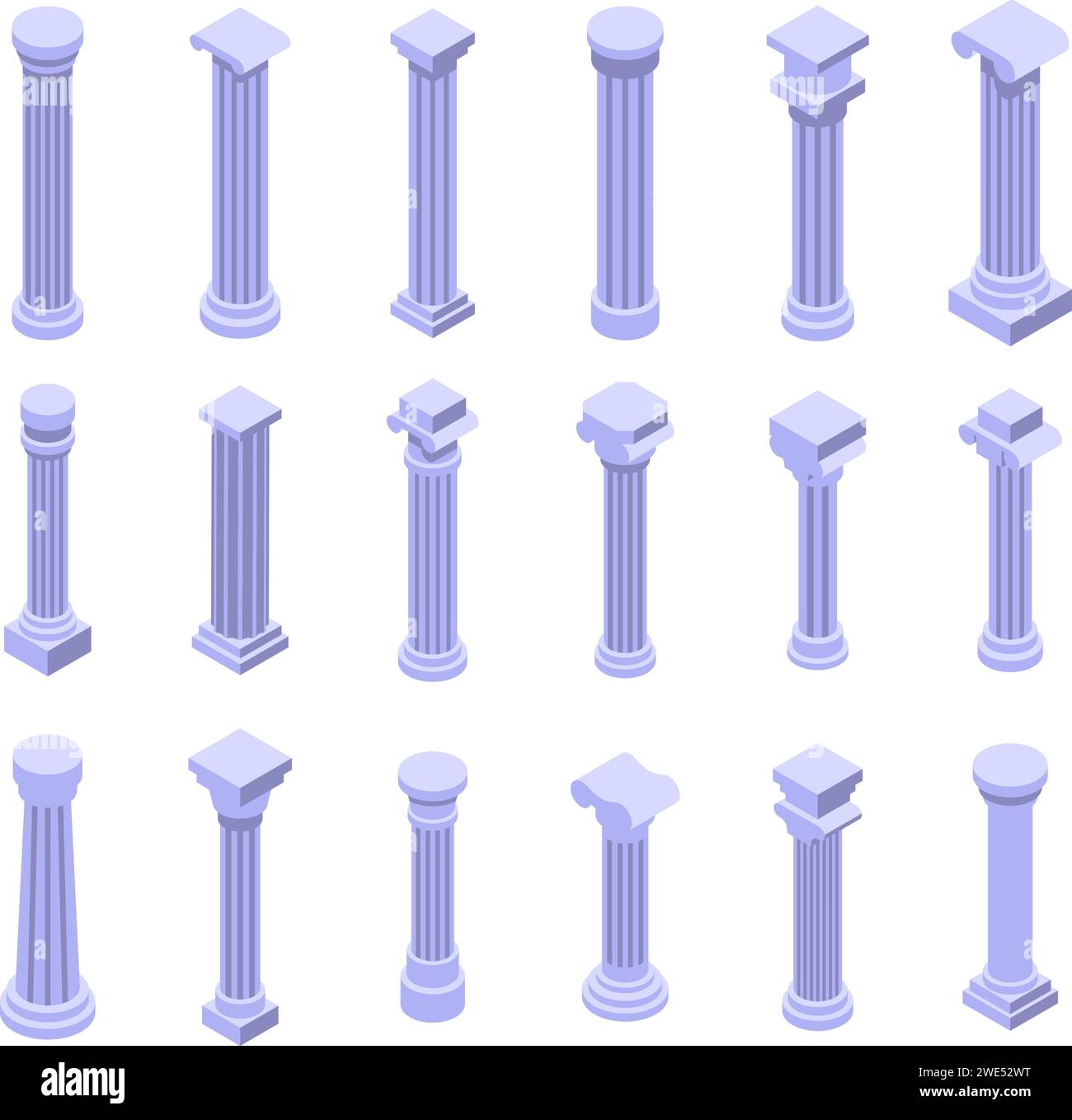 Greece pillar icons set isometric vector. Ancient column. Marble old