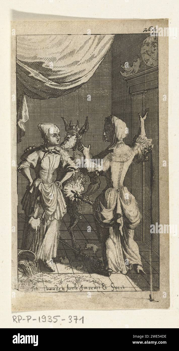 De Wissing Devil, Johannes Jacobsz van den Aveele, 1682 print A maid argues with her lady. On the ground are shards of crockery and a fallen bucket of water. In between them, a devil with a burning torch.  paper etching Christian religion (+ devil(s)). maid  house personnel Stock Photo
