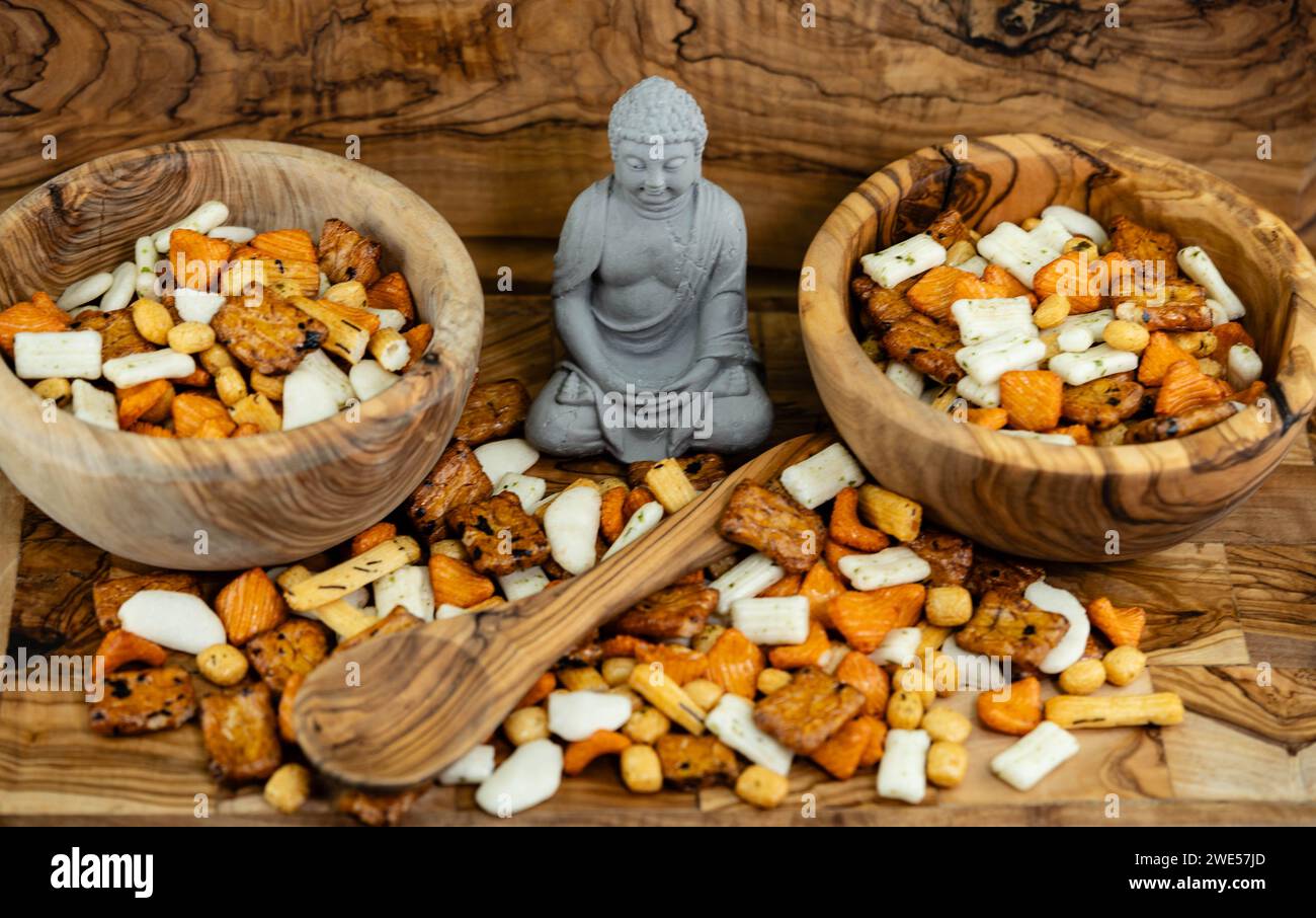 Different types of Japanese rice cakes on olive wood Stock Photo - Alamy