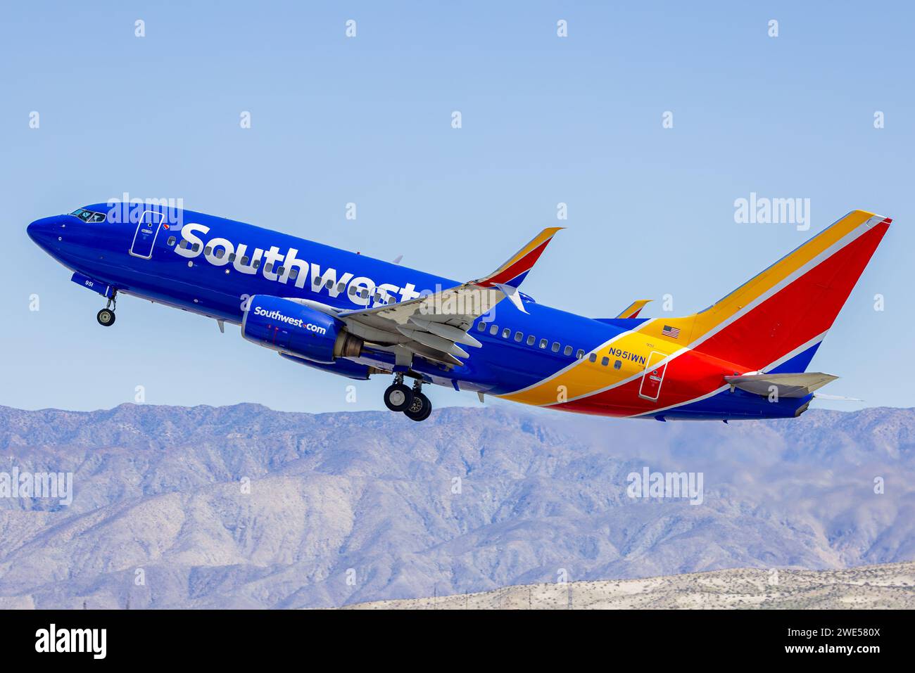 N951WN Southwest Airlines Boeing 737-7H4(WL) taking off at Palm Springs (PSP/KPSP) Stock Photo