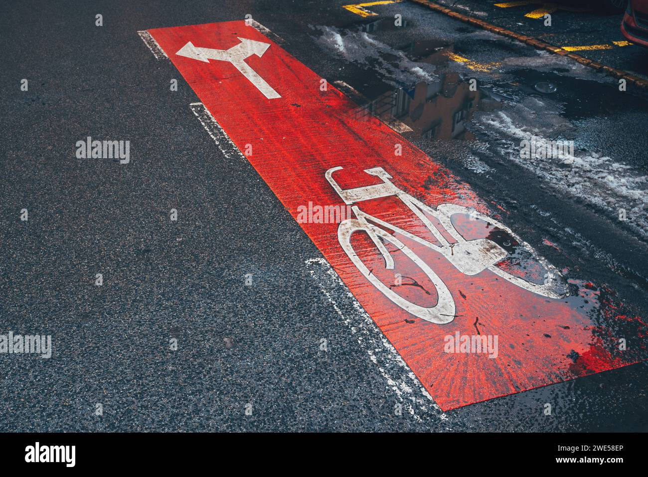 Bicycle lane with direction arrow signs on asphalt road on a rainy day, selective focus Stock Photo