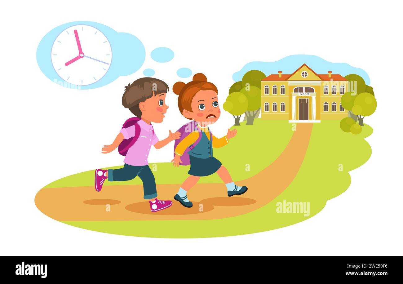 Schoolboy and girl run to school because they are late for class happy