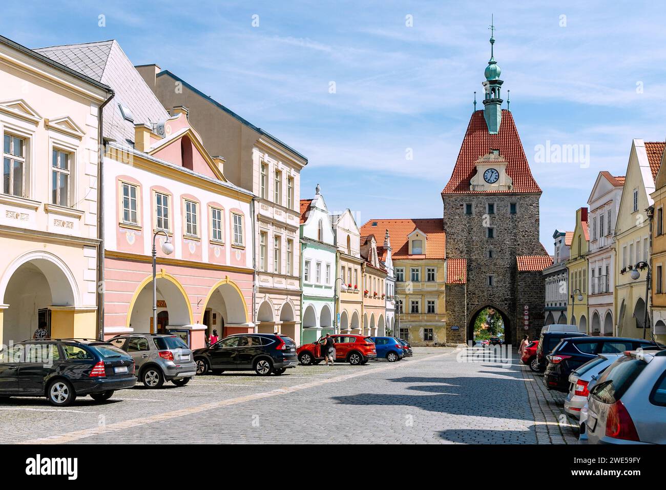 Náměstí Míru Peace Square with Lower Gate in Domažlice in West Bohemia in the Czech Republic Stock Photo