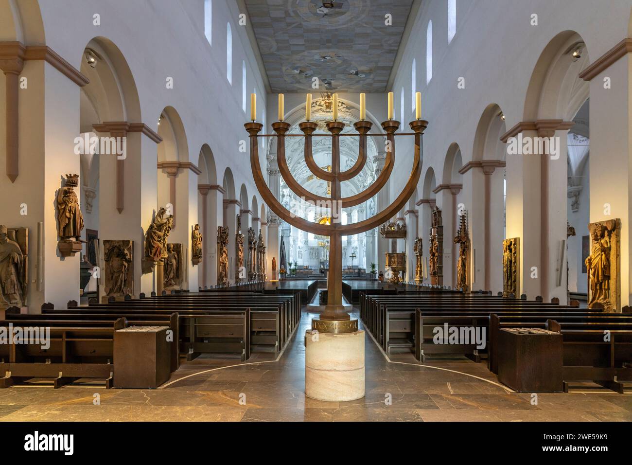 Seven-branched candlestick or menorah in the interior of Würzburg Cathedral, Würzburg, Bavaria, Germany Stock Photo