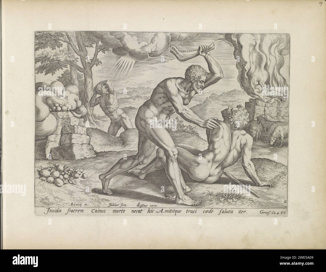 Cain kills Abel, 1643 print Cain kills his brother Abel with the