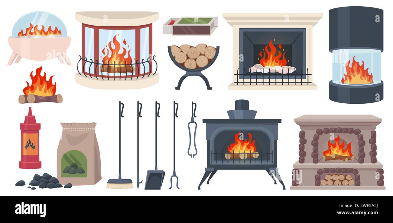 Fireplaces and hearths elements. Lighting home fire accessories, interior heating facilities, woodcutter, coals and ignition, modern and retro design Stock Vector