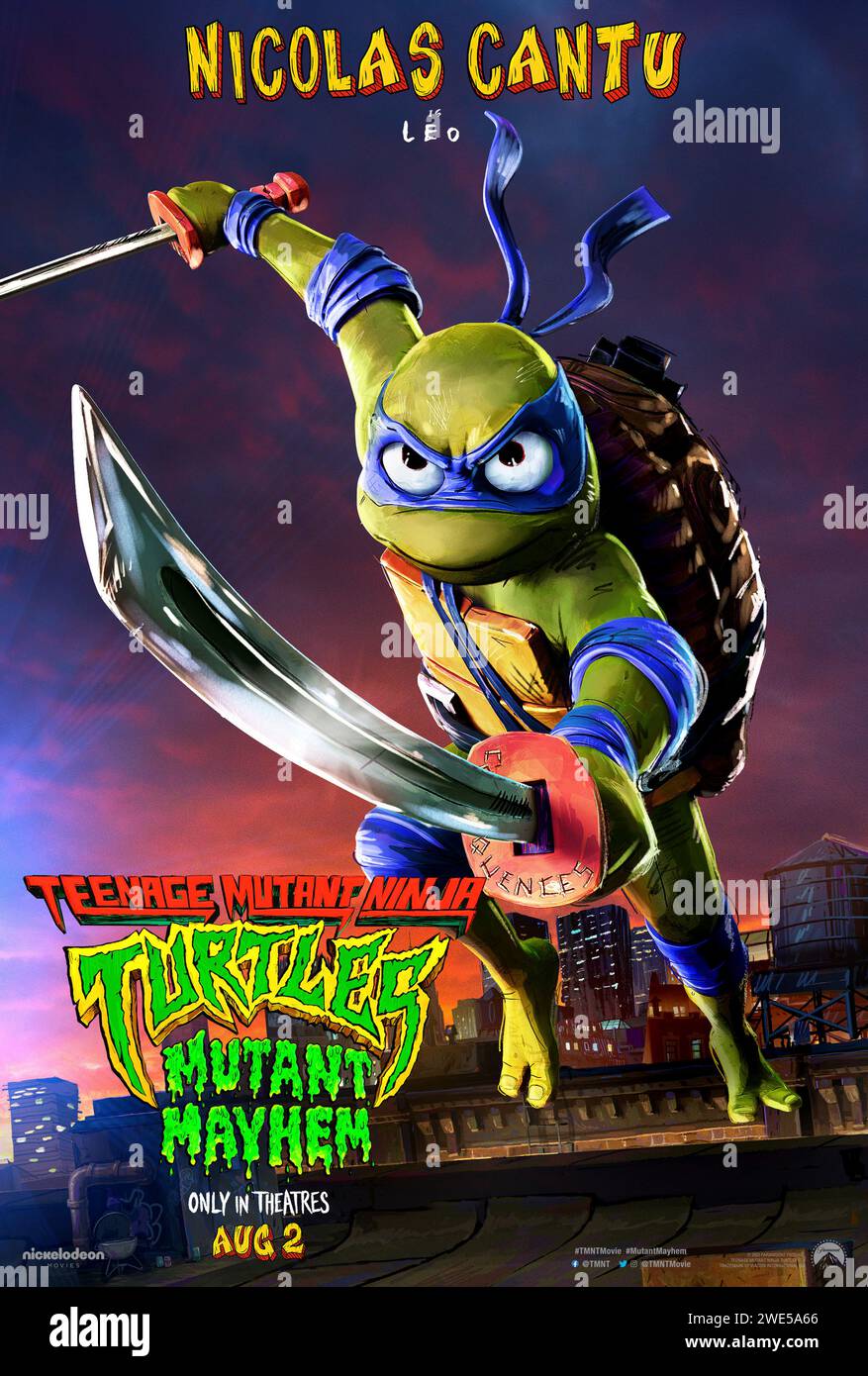Teenage Mutant Ninja Turtles: Mutant Mayhem (2023) directed by Raine Allen-Miller and starring Nicolas Cantu as Leonardo in this stylish animation. US character poster ***EDITORIAL USE ONLY***. Credit: BFA / Paramount Pictures Stock Photo