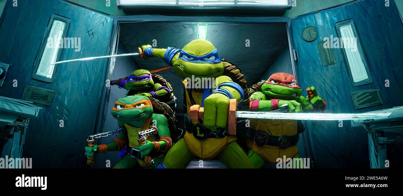 Teenage Mutant Ninja Turtles: Mutant Mayhem (2023) directed by Raine Allen-Miller and starring Micah Abbey, Shamon Brown Jr., Nicolas Cantu and Brady Noon. The TMNT return in this stylish CGI animation and set out to win the hearts of New Yorkers and be accepted as normal teenagers through heroic acts. Stock Photo
