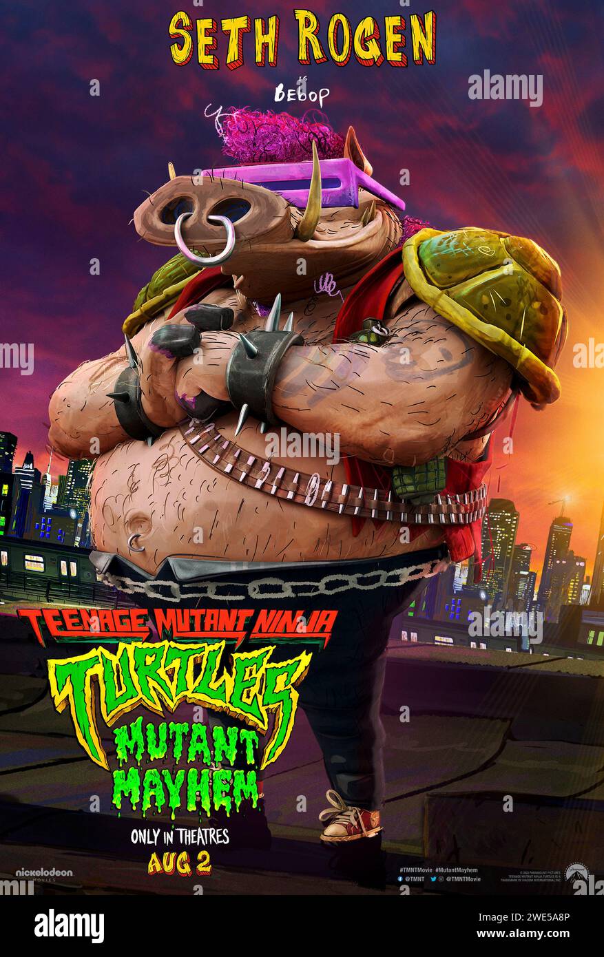 Teenage Mutant Ninja Turtles: Mutant Mayhem (2023) directed by Raine Allen-Miller and starring Seth Rogen as Bebop in this stylish animation. US character poster ***EDITORIAL USE ONLY***. Credit: BFA / Paramount Pictures Stock Photo