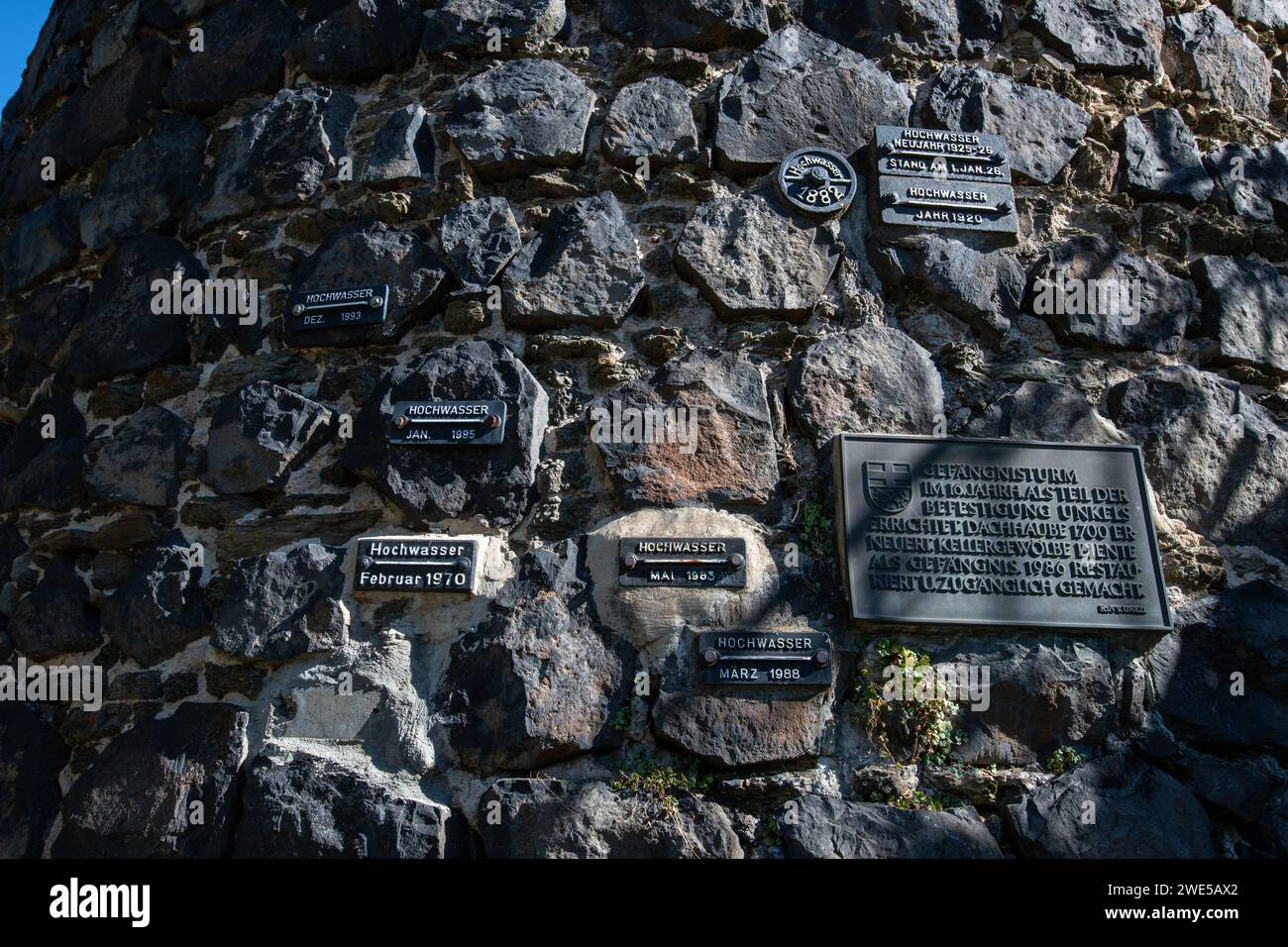 Unkel, high water marks of the Rhine floods on the historic prison tower, Rhineland-Palatinate, Germany. Stock Photo