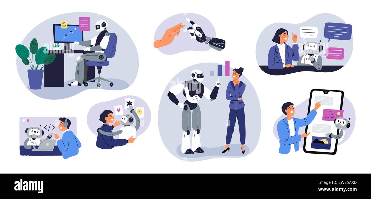 People using AI. Artificial intelligence helps to create content. Collaboration with robots. Self learning chatbot technology. Worker and android Stock Vector