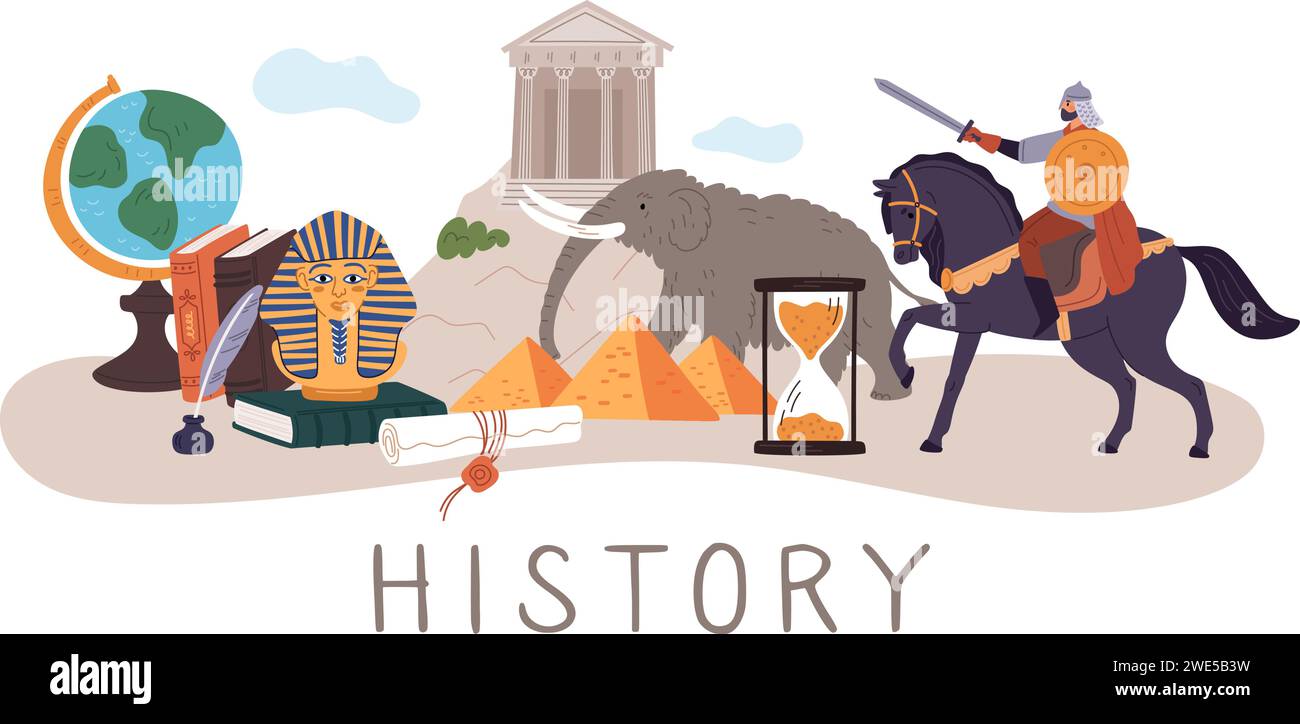 Historical elements composition. School subject. Ancient civilization. History education. Antique hourglass. Egyptian pyramid. Mammoth or horseman Stock Vector