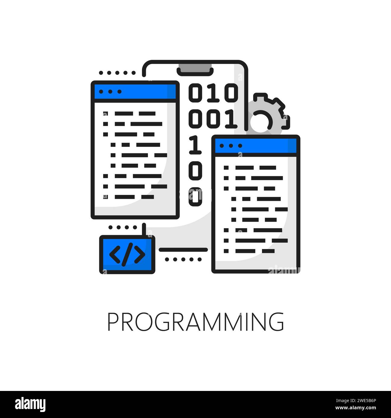 Cellphone app development and programming, web application coding, mobile software optimization thin line icon. Phone software, digital product testing line vector icon with programming binary code Stock Vector