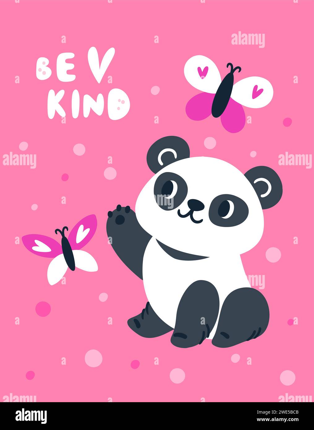 Cute panda. Cartoon greeting card. Playful animal character catching