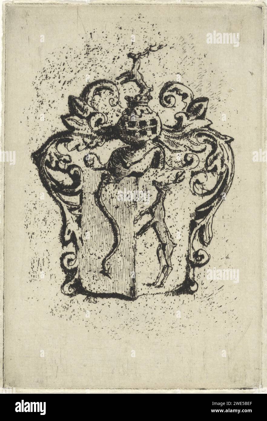 Coat of arms with snake -like figure and deer, Arnoud Schaepkens, 1831 - 1904 print   paper. etching / drypoint armorial bearing, heraldry. hoofed animals: deer. fabulous animals  snakes (aspic, dragon, hydrus, hydra, amphisbaena, horned snake, cerastes) Stock Photo