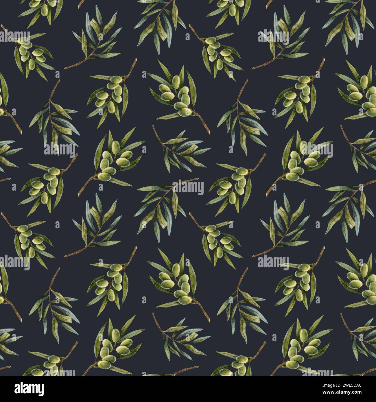 Watercolor olive tree branches with leaves and fruits seamless pattern ...