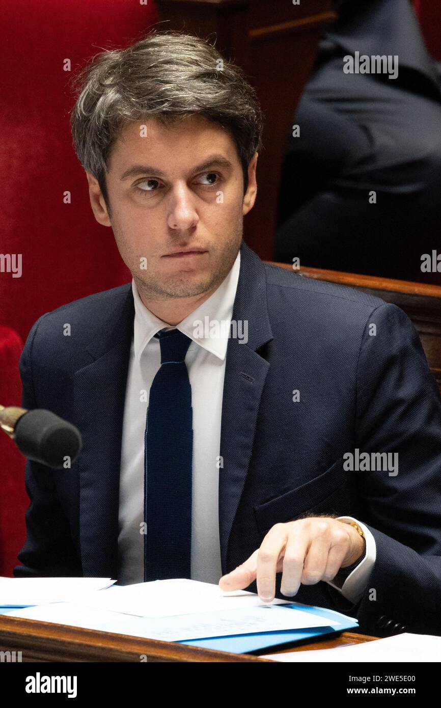 Paris France 23rd Jan 2024 French Prime Minister Gabriel Attal Take   Paris France 23rd Jan 2024 French Prime Minister Gabriel Attal Take Part In A Session Of Questions To The Government At The National Assembly In Paris On January 23 2024 Photo By Raphael Lafargueabacapresscom Credit Abaca Pressalamy Live News 2WE5E00 