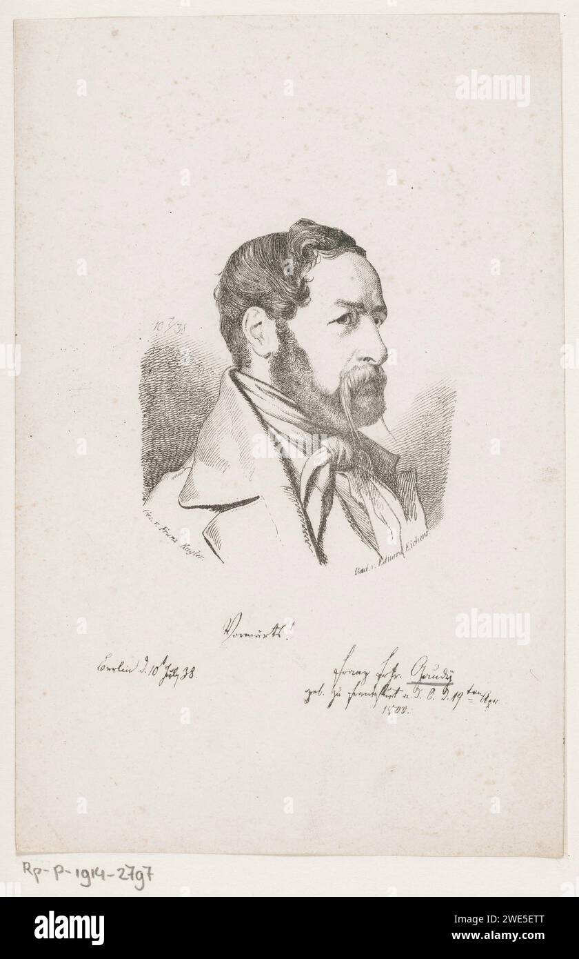 Portrait of Franz van Gaudy at the age of 38, Eduard Eichens, After Franz Kugler, 1838 - 1877 print   paper etching historical persons. moustache Stock Photo