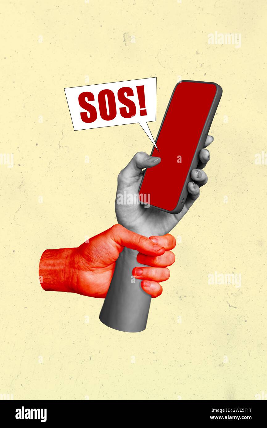 Collage image of human hand hold modern device reading sms sos help ...