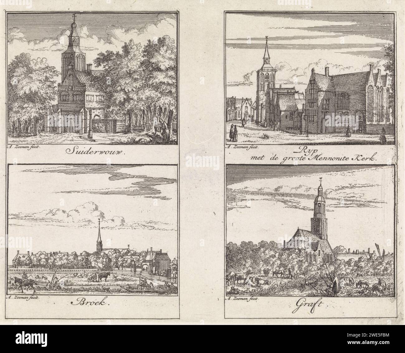 Faces on Zuiderwoude, Broek in Waterland, De Rijp and Graft, Abraham Zeeman, 1732 print Four performances on a magazine. At the top left: View of Zuiderwoude. Bottom left: View of Broek in Waterland. At the top right: View of the Church of De Rijp. At the bottom right: View of Graft. Amsterdam paper etching prospect of village, silhouette of village Zuiderwoude. Pants in Waterland. The ripe. Graft Stock Photo