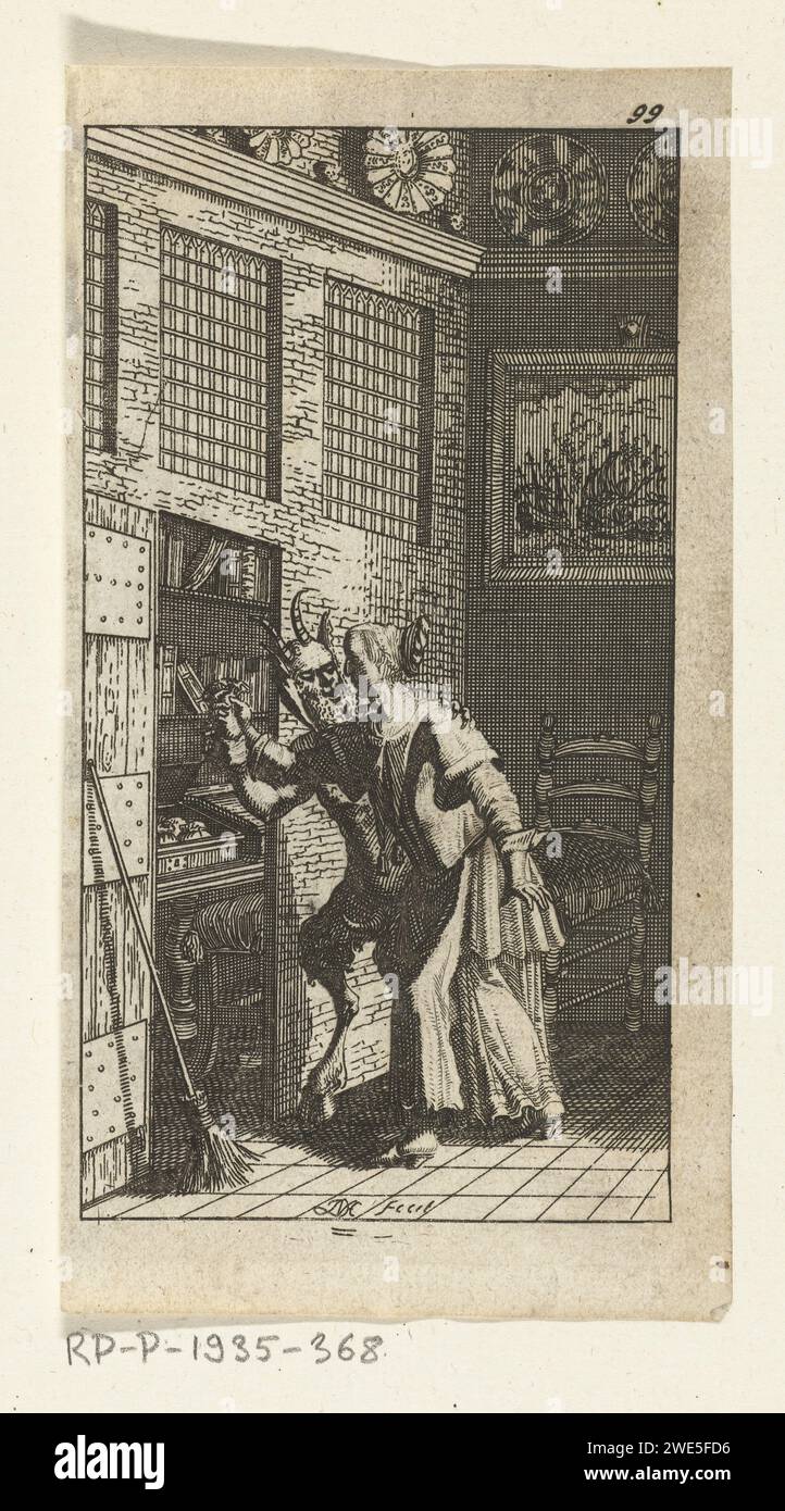 The Dice -like Devil, Johannes Jacobsz van den Aveele, 1682 print A maid seduced by the thief -like devil steals a money pouch from a wall cupboard. Amsterdam paper etching Christian religion (+ devil(s)). maid  house personnel Stock Photo
