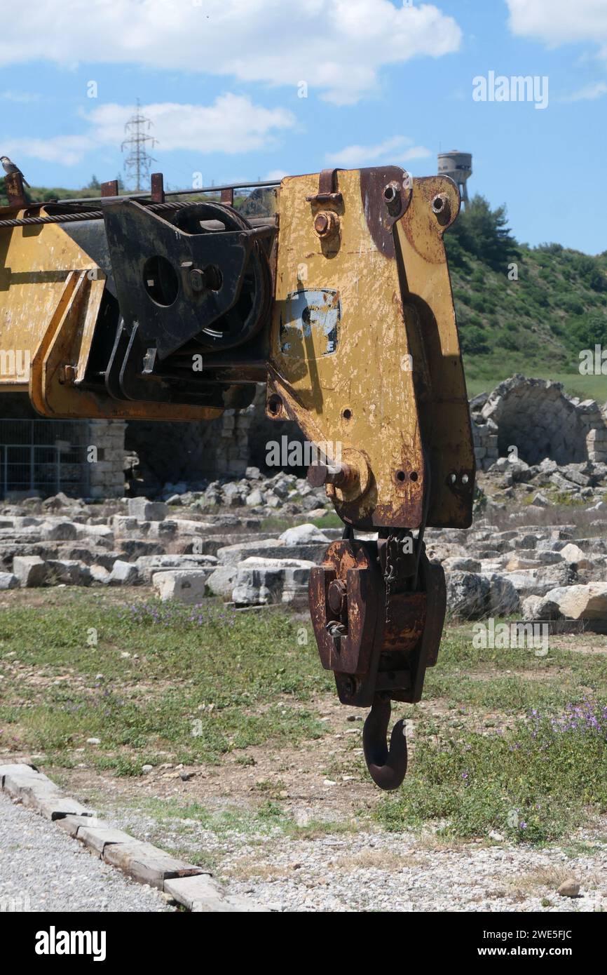 Old rusty boom and crane hook close-up Stock Photo