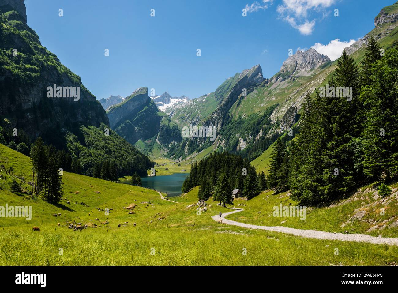 Steep mountains and lake, Seealpsee, Wasserauen, Alpstein, Appenzell Alps, Canton of Appenzell Innerrhoden, Switzerland Stock Photo