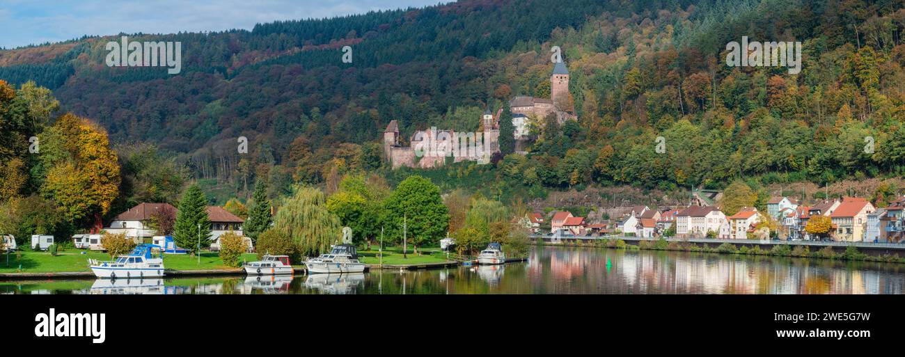 View over the Neckar to Zwingenberg and the castle of the same name, Baden Württemberg, Germany Stock Photo