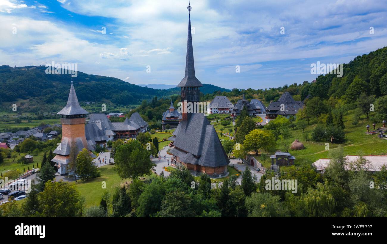 Aerial photography of Barsana monastery located in Maramures County, Romania. The landscape photography was taken from a drone at a lower altitude Stock Photo