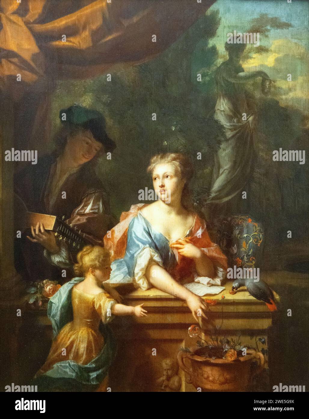 Philip van Dijk painting, The Luteplayer, 1727. 18th century Dutch Baroque period painter Stock Photo