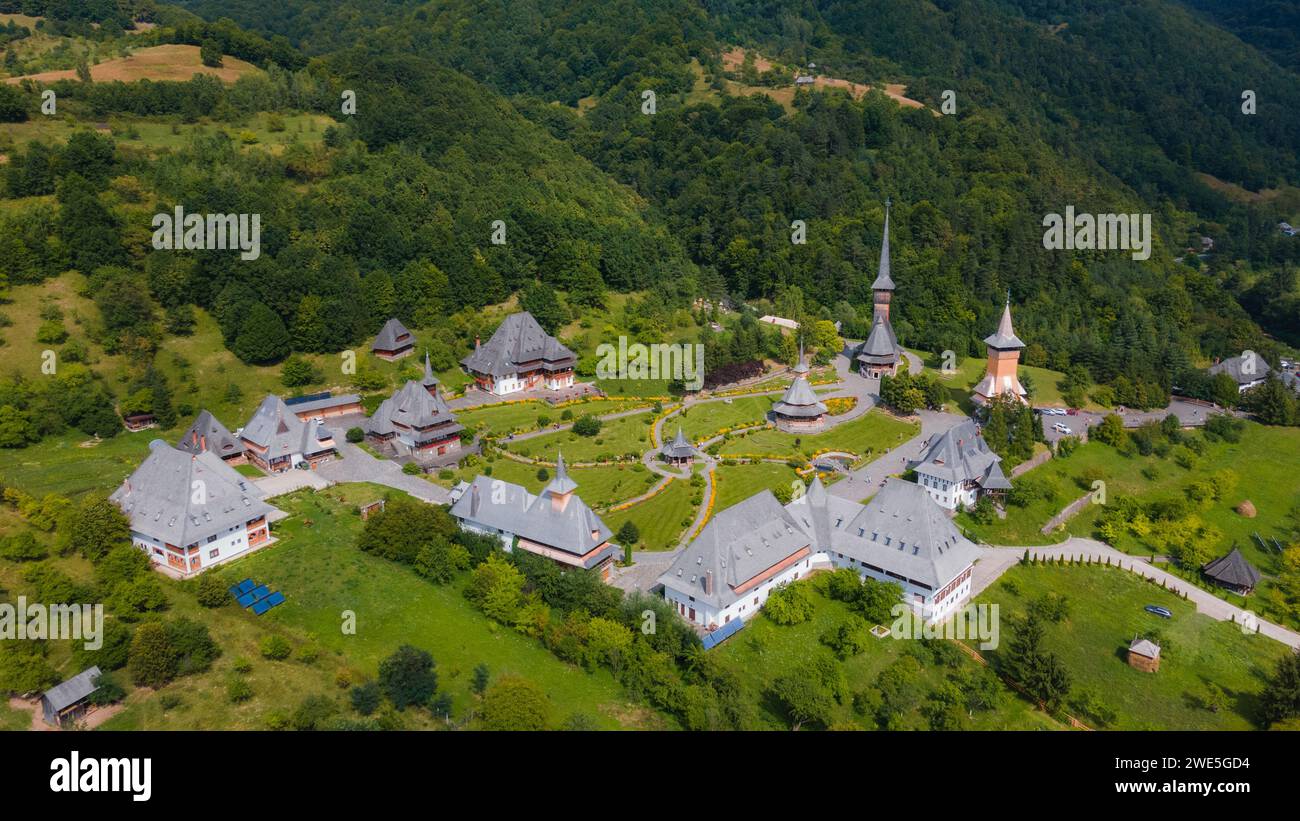 Aerial photography of Barsana monastery located in Maramures County, Romania. Photography was taken from a drone at a higher altitude Stock Photo