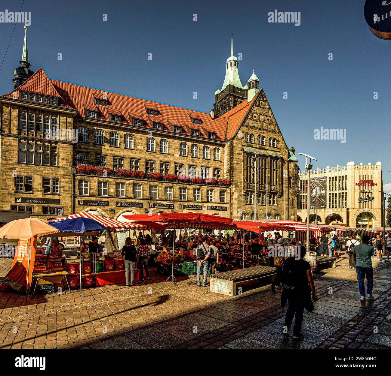 Market stalls on the market square in Chemnitz, in the background the