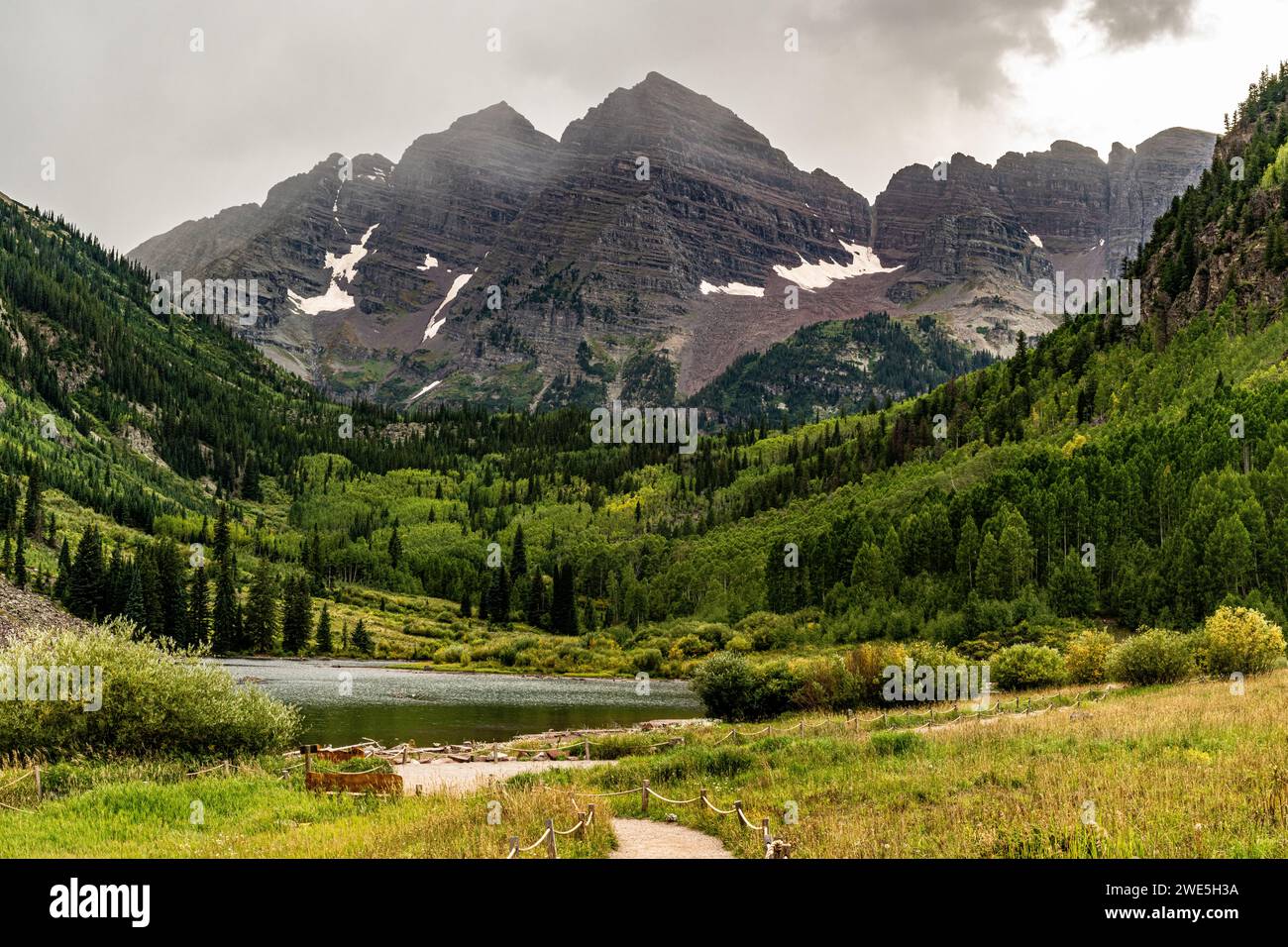 Storm coming in over the Maroon Bells in Aspen Colorado Stock Photo