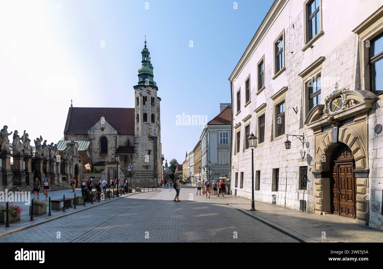 Grodzka Street with statues of the twelve apostles of the Church of St. Peter and Paul (kościół św. Piotra i Pawła), Church of St. Andrew (Kościół św. Stock Photo