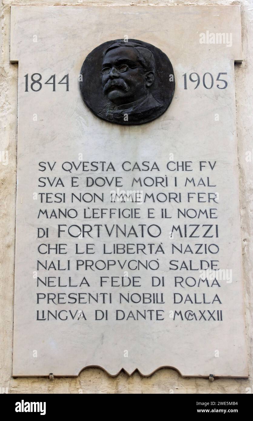 Fortunato Mizzi plaque at 15 Old Mint Street in Valletta Stock Photo